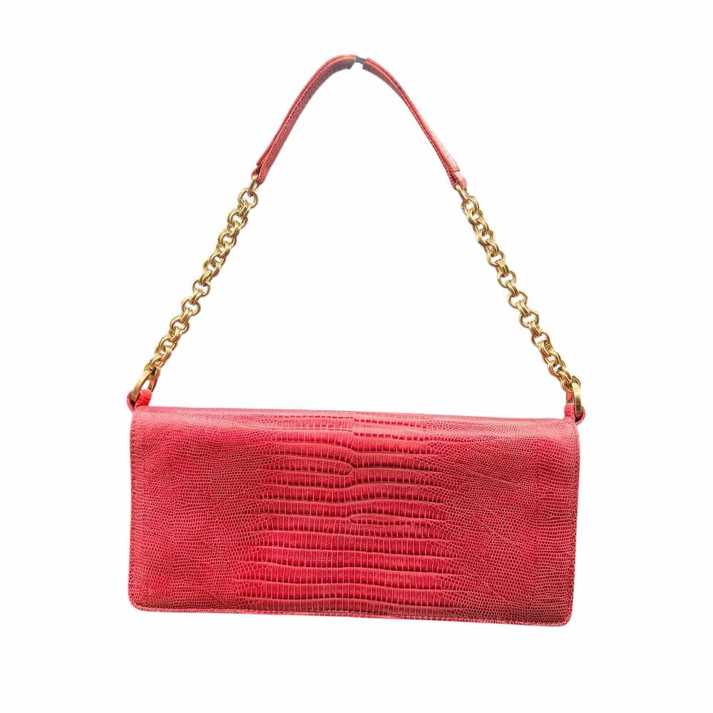 Ann Taylor Dark Pink Lizard Embossed Leather Baguette Gold Chain Bag